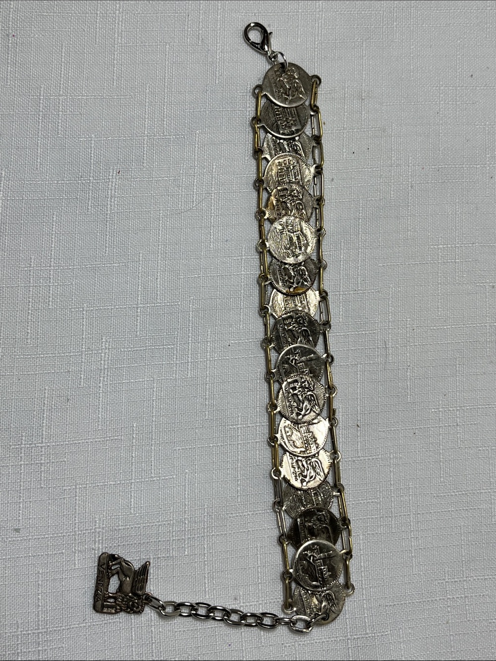 Vintage Venetian souvenir charm bracelet interconnected silver-toned coins